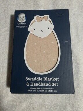 Gerber Baby Swaddle Blanket & Headband Set 40x40 Beige New in Box OEKO-TEX